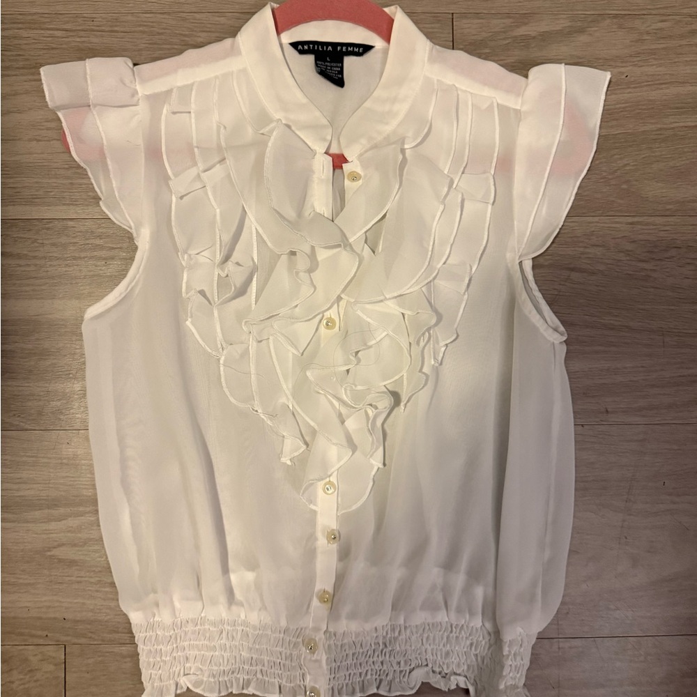 Antilia Femme Ivory Ruffle Front Sleeveless Blouse